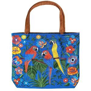 "Boho Parrot" Embroidered Floral Suede Tote Bag